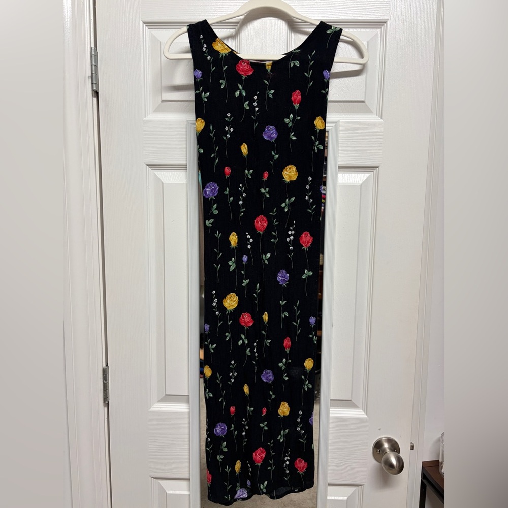 Vintage Black Floral Midi Dress with Red, Yellow and Purple Roses